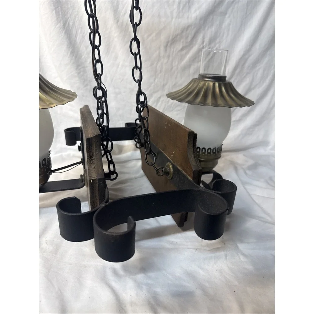 Vintage 70's Hang Light Tavern Iron Rustic Wood Farmhouse Saloon Pub Spanish Rev